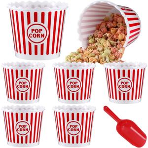 Roshtia 6 Pieces Plastic Popcorn Containers Reusable Buckets 75 oz Popcorn Boxes Bowl with Scoop Retro Style Red Plastic Scoop Set for Movie Theater Night(Stripe)