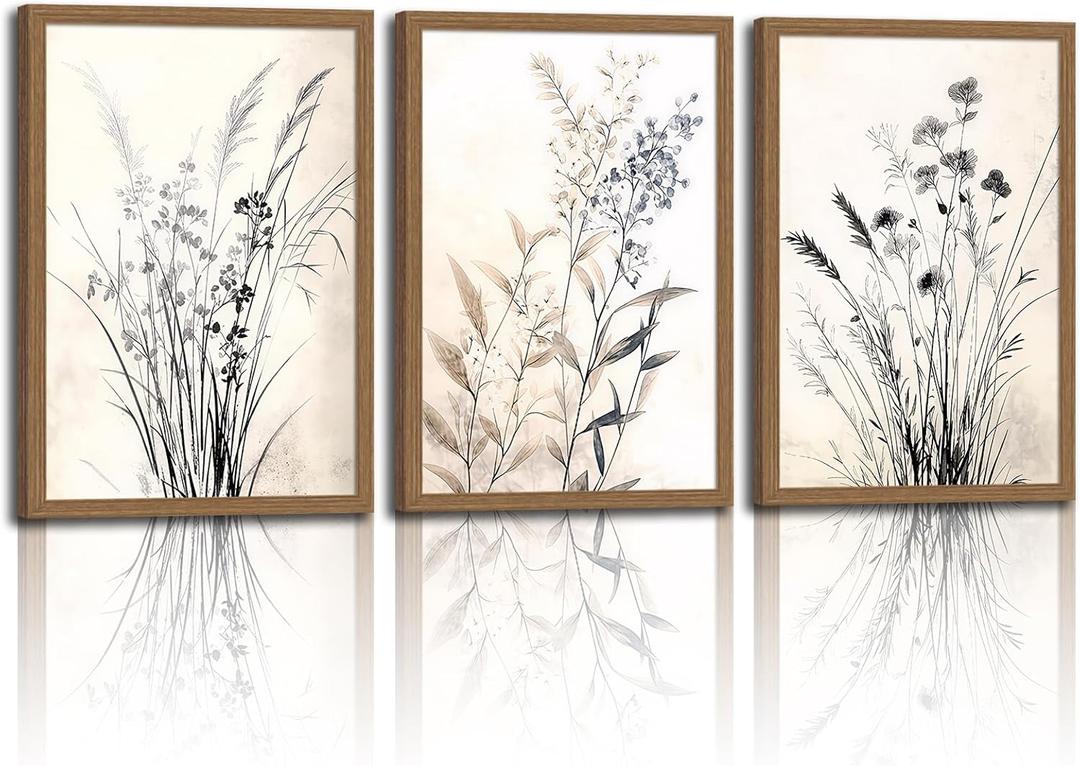 3Pcs Framed Vintage Botanical Wall Art Neutral Rustic Boho Floral Canvas Painting Prints for Modern Farmhouse, Black and White Flower Pictures for Living Room Bedroom Dining Room Wall Decor 12x16in