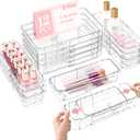 DILIBRA 12 Pcs Clear Extendable Drawer Organizer, Adjustable Drawer Storage 2-Size Desk Drawer Organizer, Plastic Non-Slip Storage Bins for Makeup, Cosmetic, Jewelries, Utensils, Stationery, Dressers
