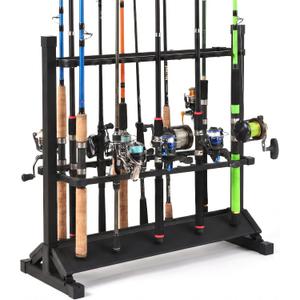 24-Rod Aluminum Fishing Rod/Pole Holder, Rustproof Fishing Rod Rack with 360 Lockable Wheels, Multi-Functional Storage Organizer for Garage & Home, Fits Most Rods & Golf Clubs (Black)