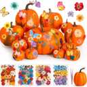 12 Pcs Artificial Pumpkins Fall Decor with 150 Pcs Dried Flower Butterfly Stickers & 1 Handy Tweezer DIY Craft Pumpkin for Thanksgiving Table Centerpiece Mantel Shelf (Orange)