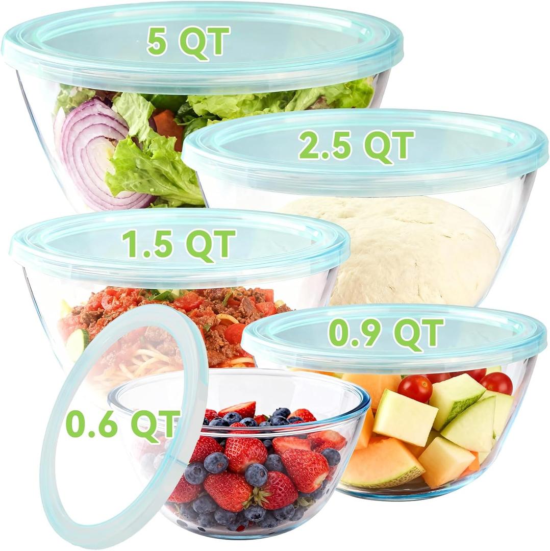 YUANYE 5 Pack Glass Mixing Bowls with Lids Set (5/ 2.5/ 1.5/ 0.9/ 0.6QT), Thick Glass Large Salad Bowl Set, Nesting Kitchen Bowls for Serving, Prepping, Cooking and Baking, Dishwasher, Oven, Microwave Safe