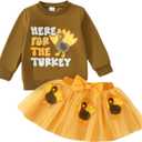 Toddler Girl Thanksgiving Outfit Little Turkey Sweatshirt+Bow Skirt Set Fall Clothes (18-24 Months, Dark Brown)