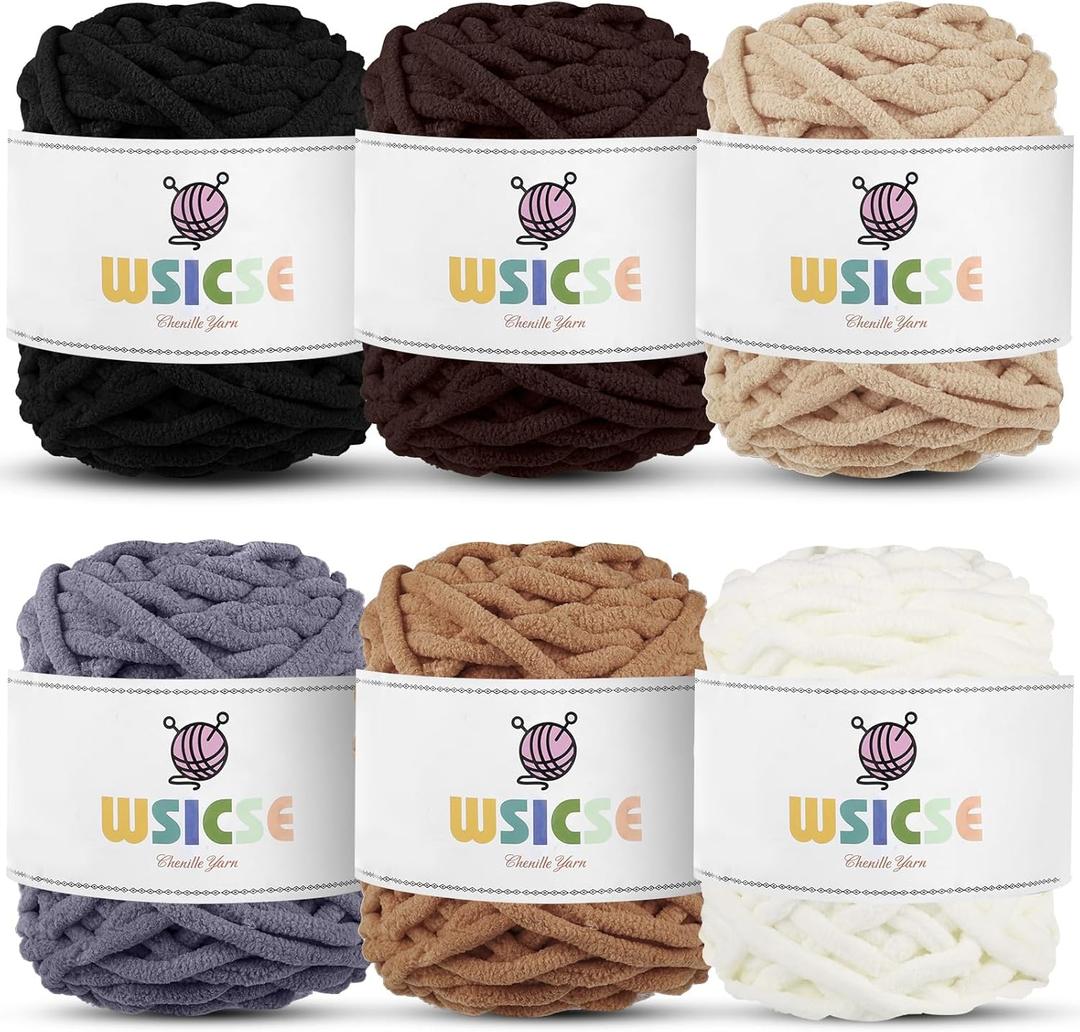 WSICSE Chenille Fluffy Yarn, Thick Chunky Blanket Yarn for Crocheting Plush Soft for Knitting Blanket DIY Gifts, 6 Pack 100g Each 3.5 oz 55 Yards(Brown Series)