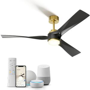 56 inch Modern Smart Ceiling Fan with Light, Black Gold Outdoor Ceiling Fans for Patios with Alexa/Google/App and Remote Control, 3 Blade DC High CFM for Indoor Bedroom/Living Room/kitchen Ceiling Fan