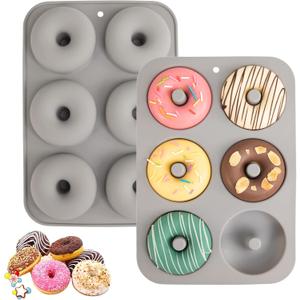 Aichoof Silicone Donut Mold for 6 Doughnuts, Set of 2. Food Grade LFGB Silicone Bagels Baking Pan, Non-Stick, Dishwasher Safe, Heat Resistant and Microwave Safe(Gray)