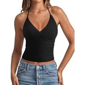 REORIA Women's Basic Cross Over Wrap V Neck Backless Double Lined Going Out Halter Tank Tops Y2k Cute Summer Trendy Sleeveless Shirts Black, M