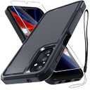 Samsung Galaxy A25 Case, Full Body Heavy Duty Rugged Shockproof Protective Phone Cover with Lanyard Strap, Tempered Glass Screen Protector, Black Matte