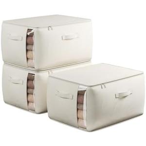 TomVista Large Canvas Clothes Storage Bags with Thick Handles and Clear Window, Foldable Cotton Linen Closet Organizer for Clothing, Blankets and Bedding, 70L, 3 Pack, Beige