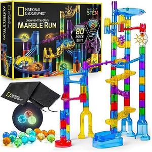 NATIONAL GEOGRAPHIC Glowing Marble Run – Construction Set with 15 Glow in The Dark Glass Marbles & Storage Bag, STEM Gifts for Boys and Girls, Building Project Toy 