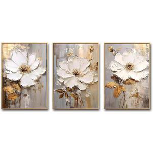 3 Pieces White Floral Oil Painting Wall Art, Large Paintings for Living Room,Framed Flower Canvas Wall Decor,Large Abstract Artwork Hand Paintings Hang for Bedroom Home Office Dcor set 28"x60" (20x28inchx3, SG-005N)
