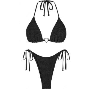 Womens Bikini Sets Two Piece Swimsuit Solid Smocked Tie Triangle Bikini Sets Love-Ring Bathing Suits L