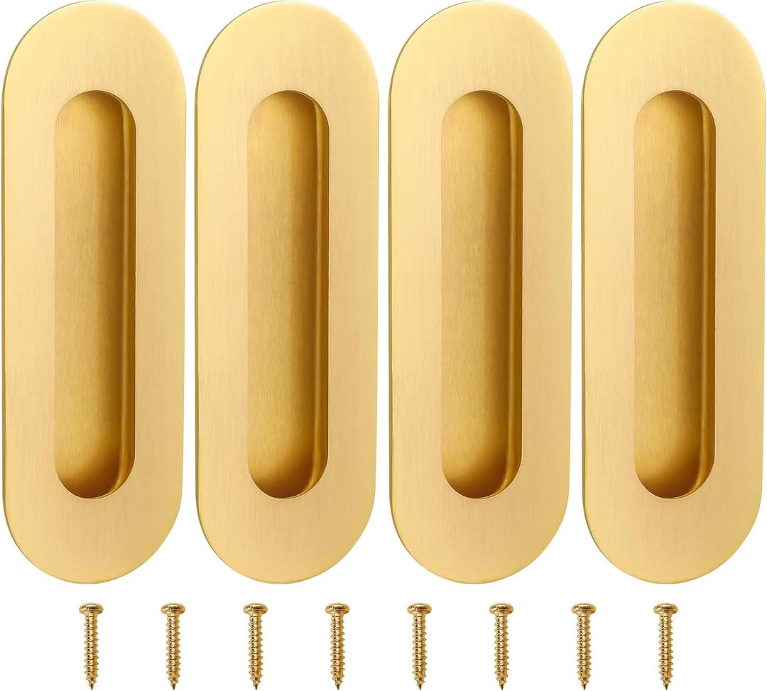 Malimali 6 Inch Gold Recessed Finger Flush Pulls for Pocket Door Closet Door, Sliding Barn Door Handle Hardware Brushed Gold Stainless Steel Oval Door Pulls (4 Pack)