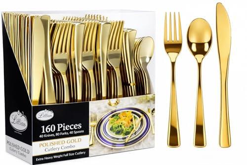 Gold Plastic Silverware Set, 160 Count, Extra Heavy Duty Flatware, Disposable Cutlery Utensils, 80 Forks, 40 Spoons, 40 Knives, Polished Gold, Bulk Pack
