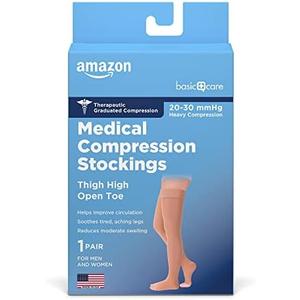 Amazon Basic Care Medical Compression Stockings, 20-30 mmHg Support, Women & Men Thigh Length Hose, Open Toe, Beige XL