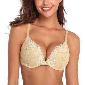 Deyllo Womens Push Up Lace Bra Comfort Padded Underwire Bra Lift Up Add One Cup (36DD, Beige)