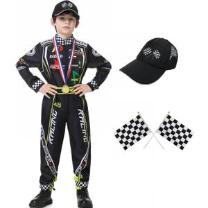 Race Car Driver Costume Boys Racer Jumpsuit With Car Cap Kids Dress Up for Halloween (XL(for height 57"-60"), Black)