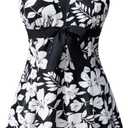 Women's One Piece Swimsuit Plus Size Swim Dress Tie Front V Neck Printed Swimwear Tummy Control Bathing Suit, 26W