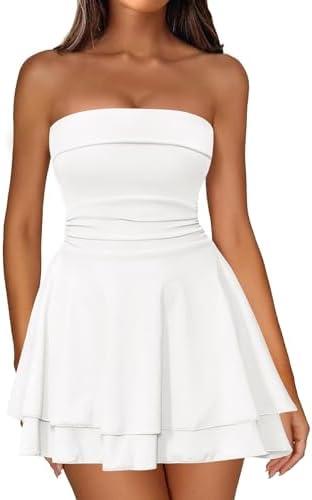 IWD Women's Sexy Tube Top Mini Dress Strapless Ruched Corset Waist Tiered Ruffle Hem Short Party Dresses, Size L, White