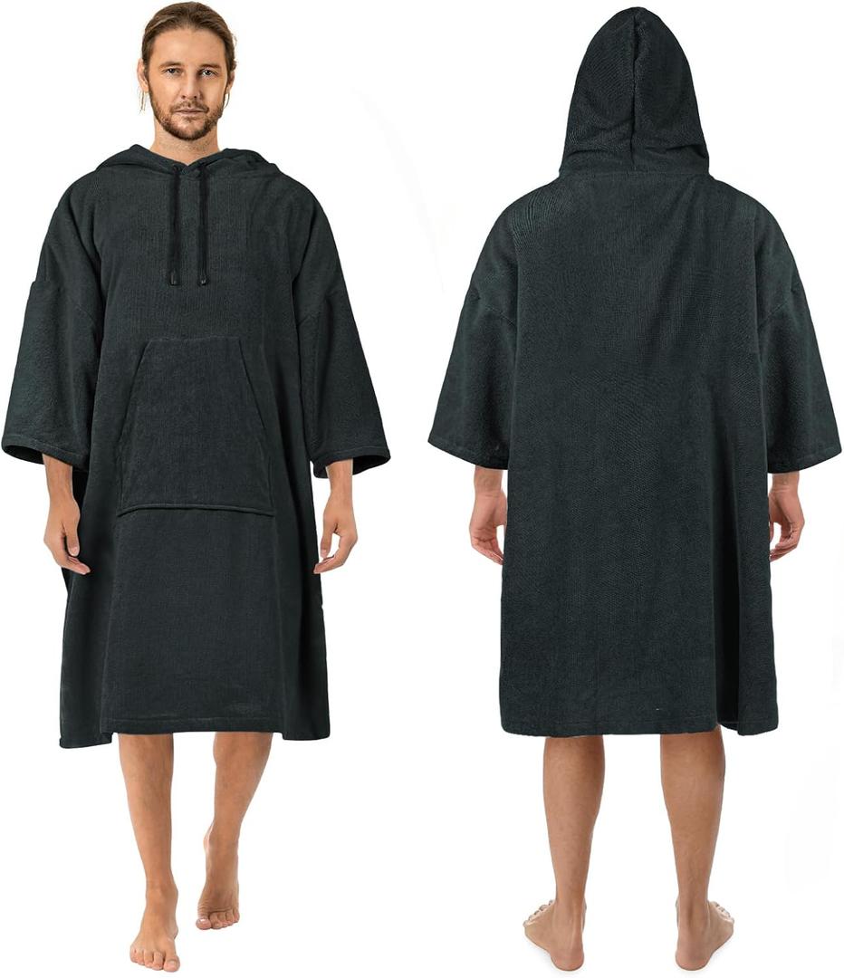 Surf Poncho Changing Robe, 3/4 Sleeve Extra Large Thick Hoodie Towel Poncho for Men Women Beach Swimming, 43" x 35", Black