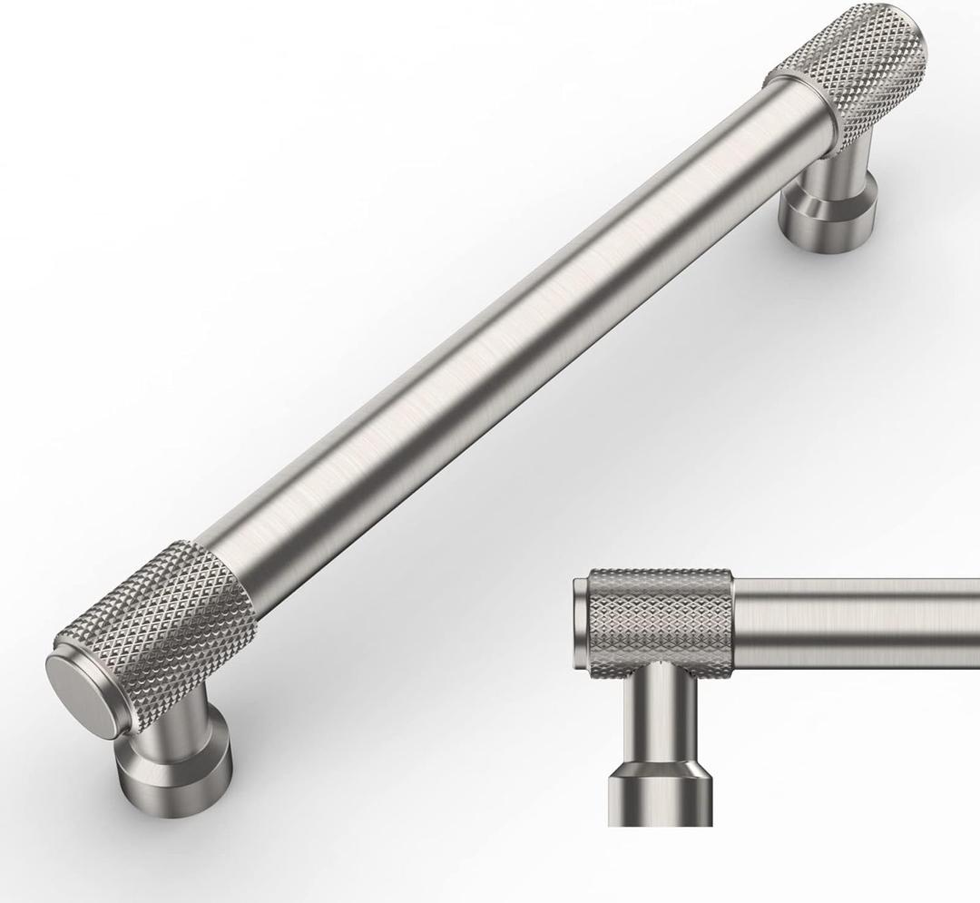 Amerdeco 10 Pack Brushed Satin Nickel Knurled Cabinet Pulls 5 Inch(128mm) Hole Center Kitchen Cabinet Handles Drawer Pulls Cabinet Hardware ZH0034