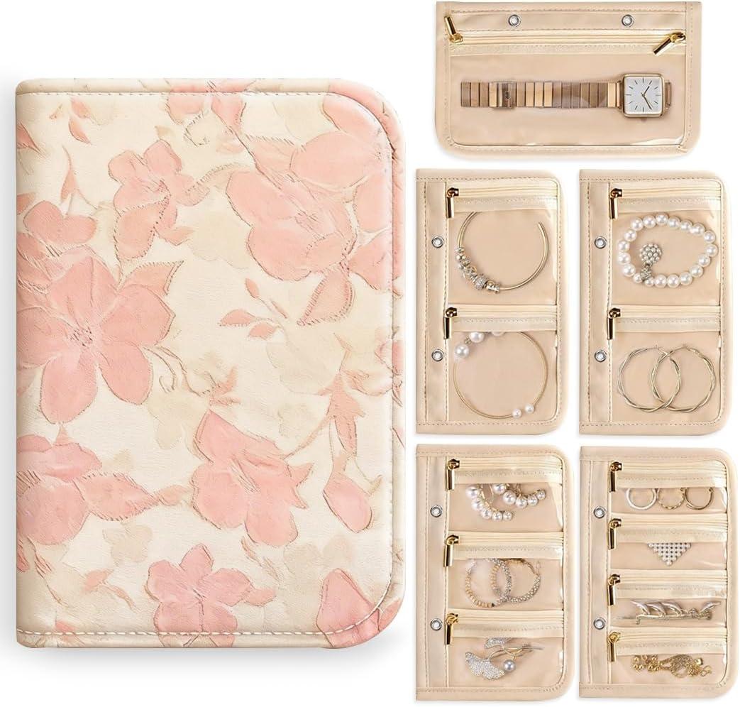 Travel Jewelry Organizer Booklet, A5 Portable Jewelry Case with 5 Pages & 12 Zippered Compartments, Removable Pages with PVC Windows for Necklaces Rings Earrings (Pink Butterfly)