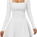 XXTAXN Womens Sexy Long Sleeve Square Neck Flowy Hem Ruched High Waist Party Mini Dress with Side Pocket (White, L)