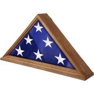 Flag Display Case - 5' x 9.5' Veteran Burial Flag Solid Wood Shadow Box with HD Tempered Glass & Wall Mount, Folded Triangle Flag Frame for Funeral, Light Oak