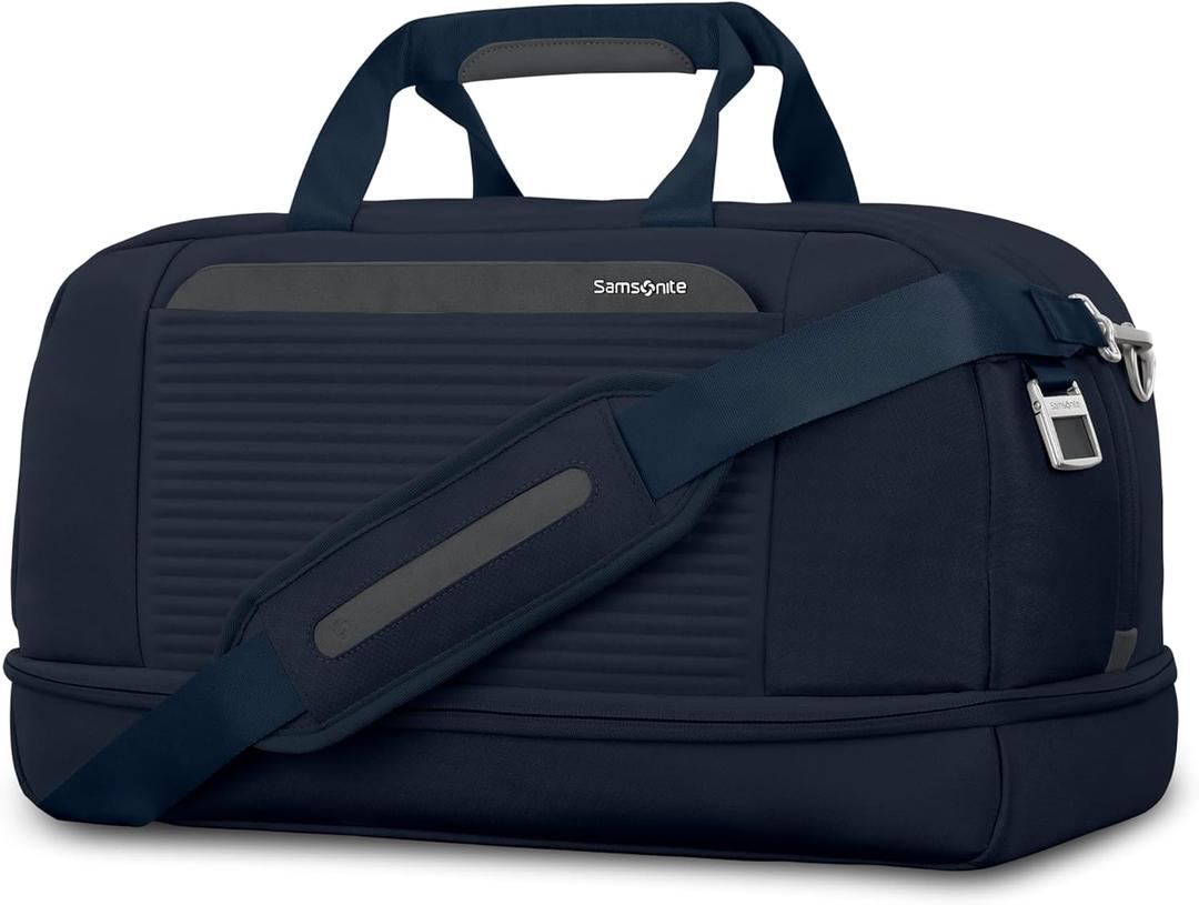 Samsonite Paralux Weekender Duffel Bag, Travel Carry-On Bag with Wide Opening, Drop-Bottom Shoe & Laundry Compartment, AirTag Holder, StackIt Strap - Business & Leisure Travel Bag (Midnight Navy)