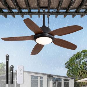 42 Inch Wet Rated Outdoor Ceiling Fan with Lights and Remote,IP65 Hanging Gazebo Fan with 3CCT 6-Speed DC Motor, Brown Waterproof Plug in Ceiling Fan with Cord for Patios Porch Pergola Pavilion
