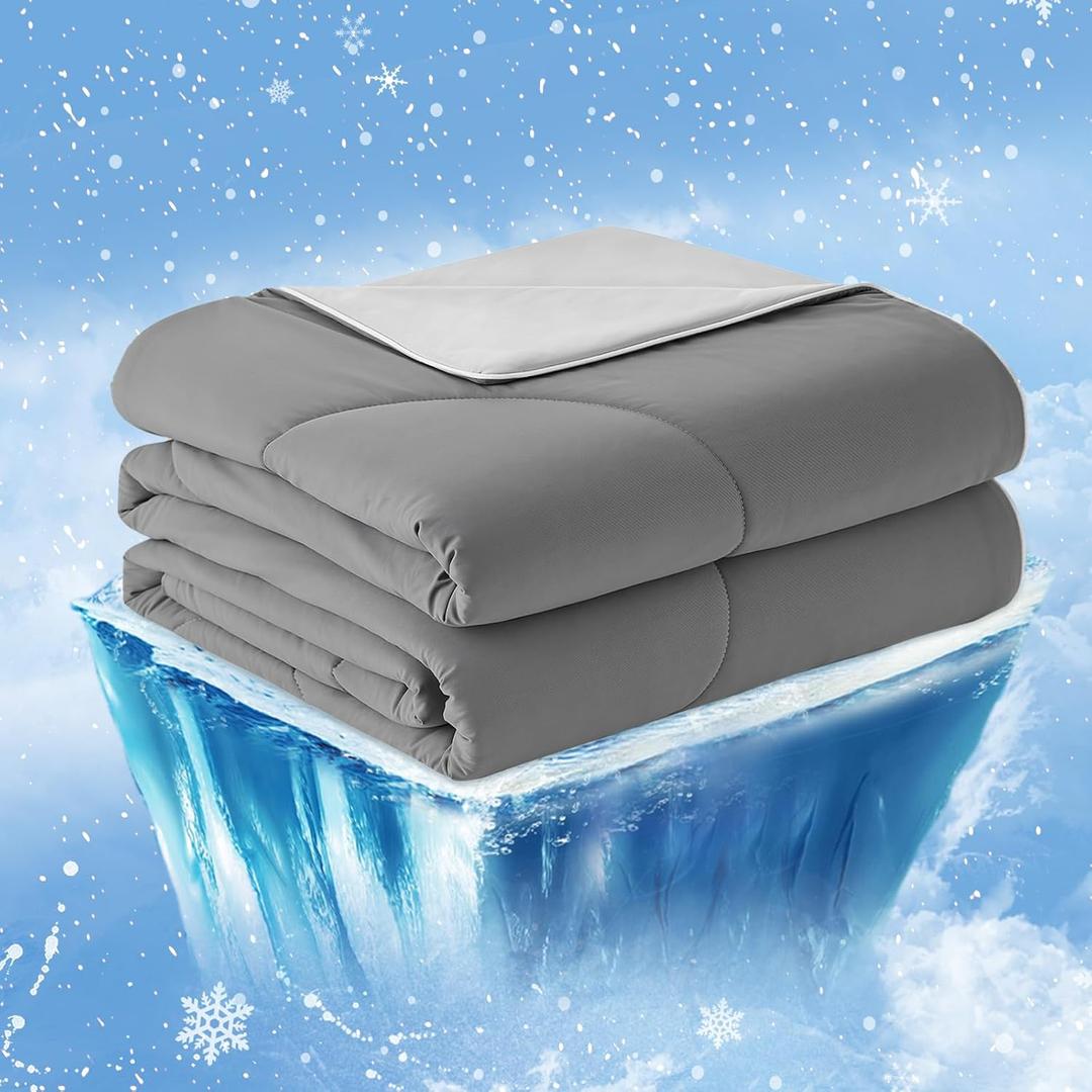 Cozy Bliss Cooling Comforter Queen Size, Cooling Blankets for Hot Sleepers and Night Sweats, Dark Light Gray Summer Comforter for Queen Size Bed, Breathable Soft Lightweight Silk Smooth