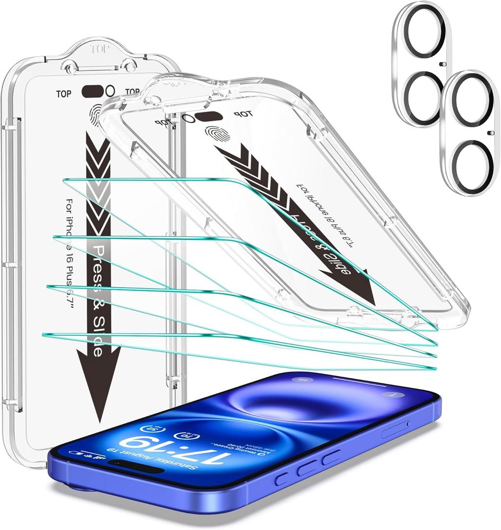 EZ-GLAZ 4-Pack Screen Protectors for iPhone 16 Plus[6.7"] Transparent HD Clear with Flawless Fit Kit + 2-Pack Camera Lens Protector, 15-Second Bubble-Free Installation, 9H Hardness, 12FT Military Grade Shatterproof, Scratch Resistant, Tempered Glass