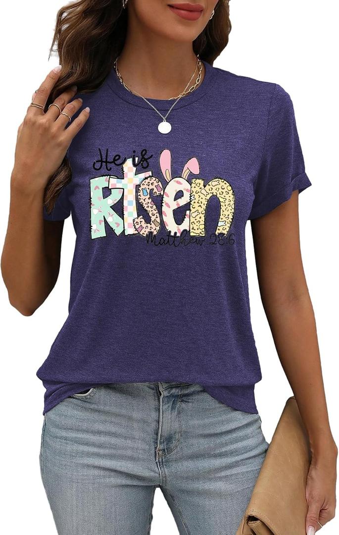 Easter Shirts for Women Christian Sunday Church Tees Funny Religious Faith T-Shirts Cute Bunny Graphic Short Sleeve Tops (4X-Large, Purple2)