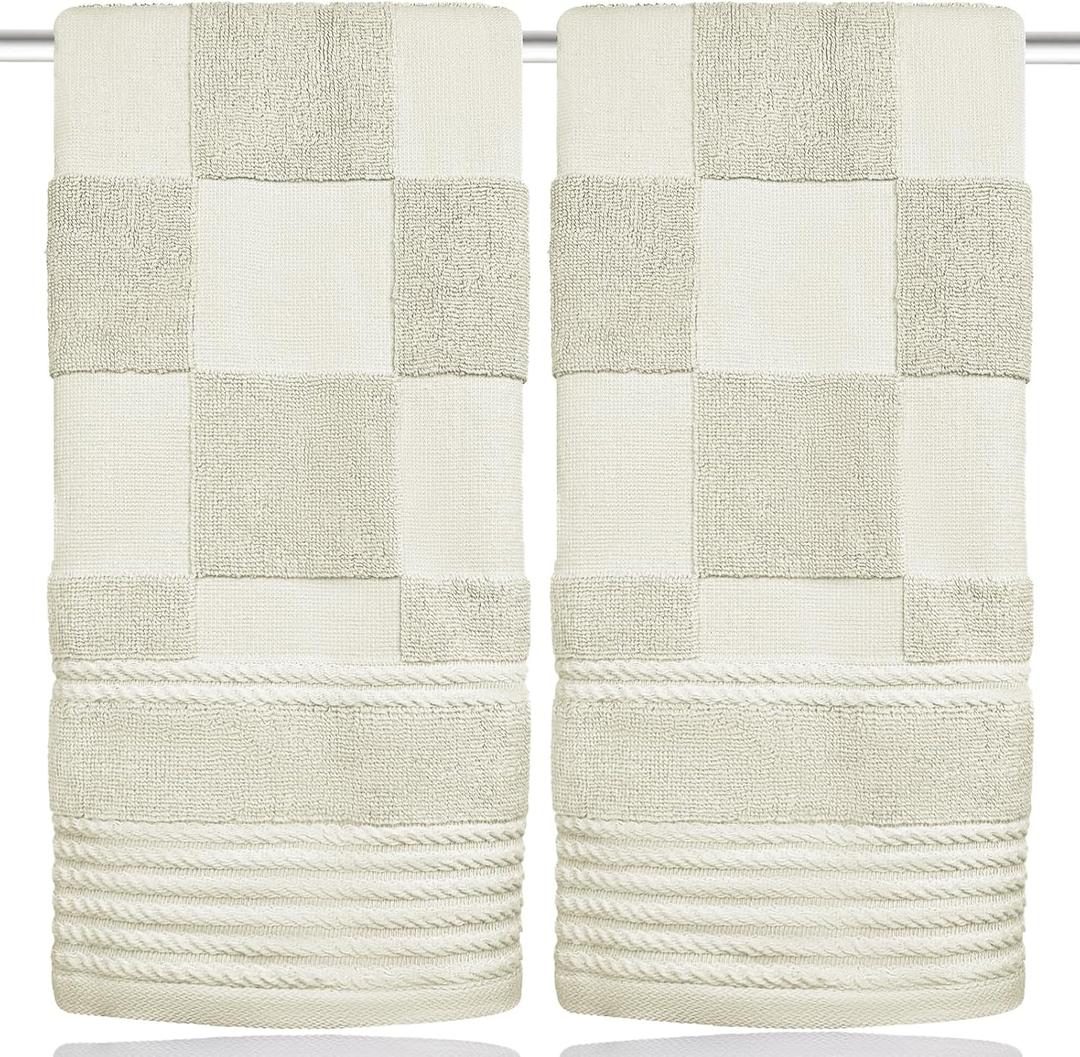 2 Pcs Decorative Checkered Hand Towels for Bathroom 13.7X29.5 100% Cotton Cute Beige Bath Towels Farmhouse Boho Bathroom Kitchen Towel Decor Housewarming (Chessboard Beige)