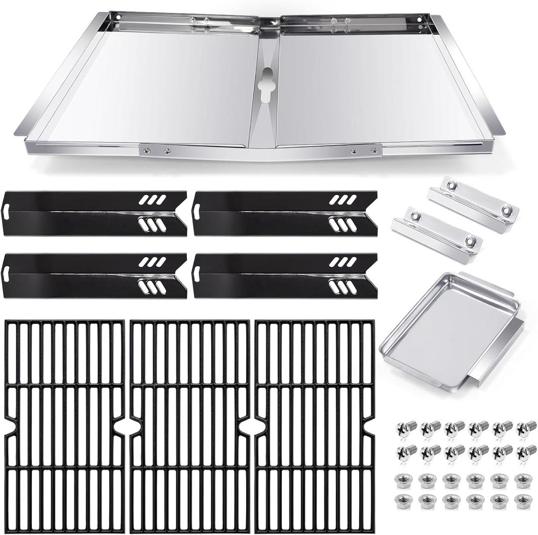 Hiorucet Grill Grease Tray Kits for Dyna Glo DGF493BNP Replacement Parts, Backyard BY13-101-001-12, Adjustable 24''-30'' Drip Pan, Grates, Heat Plates for Dyna Glo Grill Replacement Parts 4 Burner.