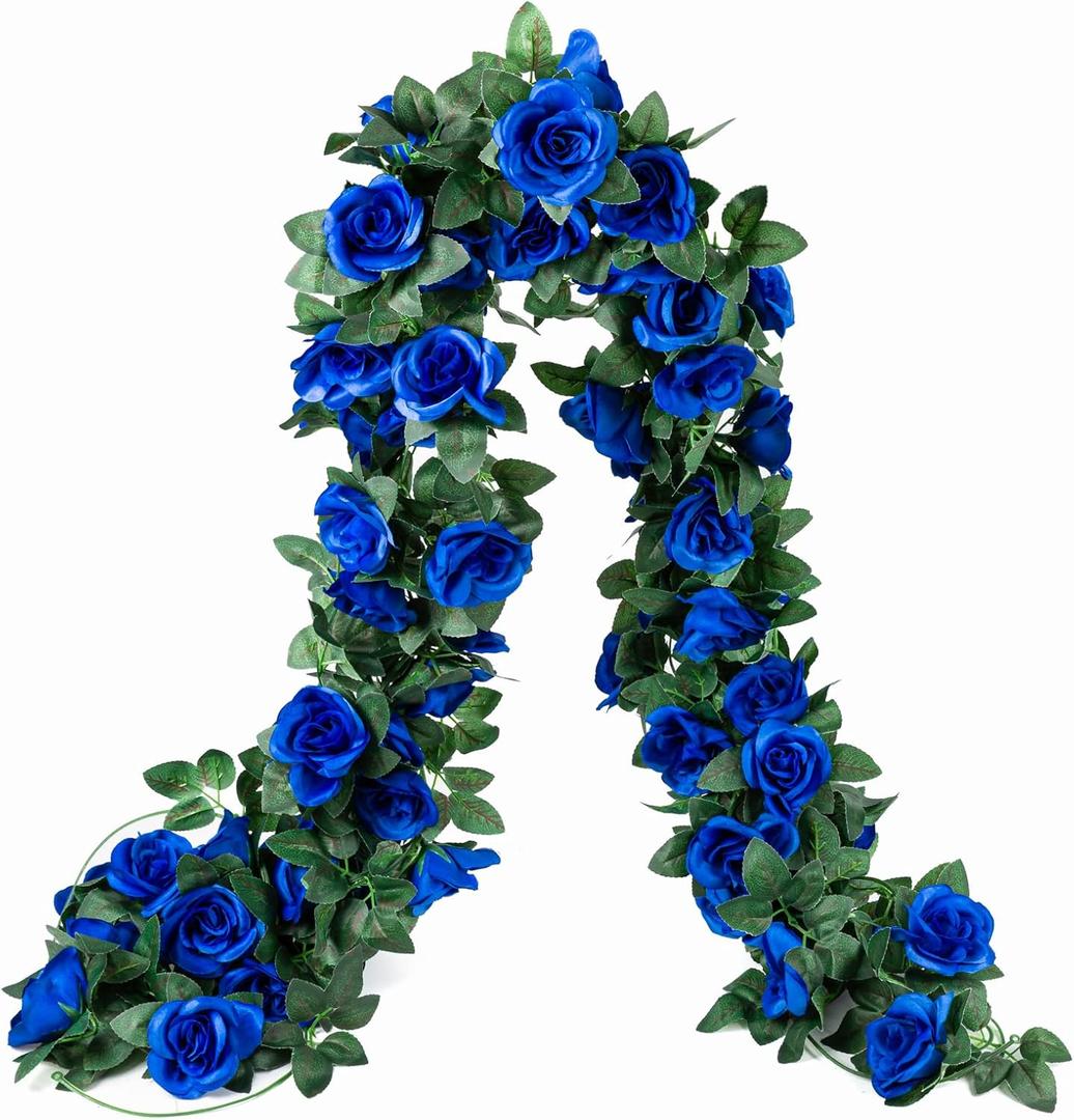 2 Pack (16FT) Artificial Rose Vine Fake Flowers Garland Hanging Silk Rose Ivy Plants Vine for Father's Day,Wedding Arch Party Garden Home Aesthetic Art Dcor (Royal Blue)