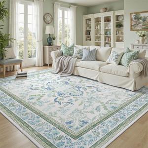 DCX Green 4x6 Rug, Kid & Pet Friendly with Rubber Back Non Slip, Machine Washable Stain Resistant Botanical Floral Rug for Living Room, Bedroom, Soft Low Pile Large Nursery Carpet