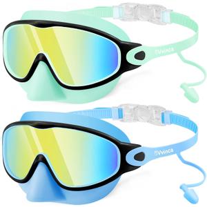 Vvinca Kids Swim Goggles with Nose Cover & Attached Earplugs, Anti-Fog Wide View Swimming Goggles for Boys Girls 3-12
