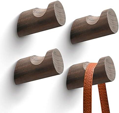 LoengMax Wood Wall Hooks,4 Pack Coat Hooks Wall Mounted, Modern Hat Hooks for Wall, Wall Hanger for Hanging Coat Towel Hat Bag Robe Jacket Clothes (Walnut Wood)