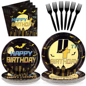 96Pcs Bat 4th Birthday Party Decorations Black Yellow Cartoon Bat Hero Paper Plates and Napkins Set Bats Fourth Birthday Decoration for Boys 4 Years Old Super Theme Hero Bats Party Supplies Serves 24