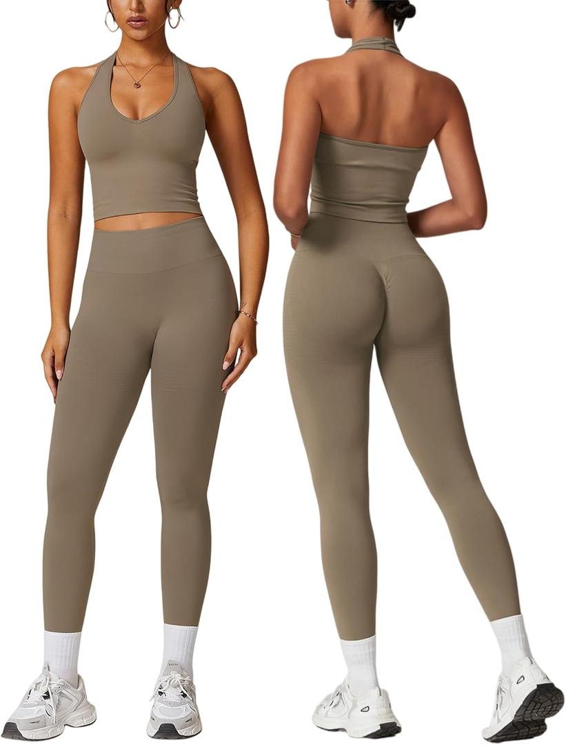 ABOCIW Workout Sets for Women 2 Piece Seamless V Neck Halter Tank Top with Bra Scrunch Butt Lifting High Waist Leggings Gym Sets Work Out Clothes Minky Medium