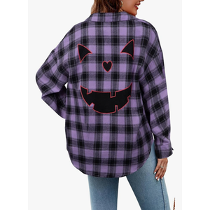 Halloween Shirt Women Pumpkin Face Shirt Funny Button Down Flannel Plaid Long Sleeve Tops Fall Clothes Outfits, XL