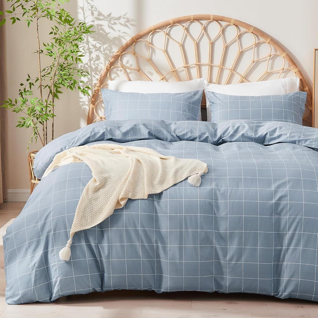 JELLYMONI 100% Natural Cotton 3pcs Plaid Duvet Cover Sets, Checkered Full Comforter Cover, 1 Duvet Cover and 2 Pillow Cases with Zipper Closure & Corner Ties, Grayish Blue