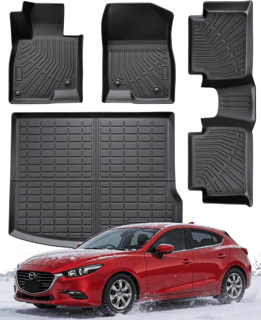 Car Cargo Liner & Floor Mats for Mazda 3 Hatchback: 2014 2015 2016 2017 2018 Custom Fit All Weather Waterproof TPE Floor Liners, Front & Rear & Cargo Mat Tray Accessories, 4PCS (No Fit for Sedan)