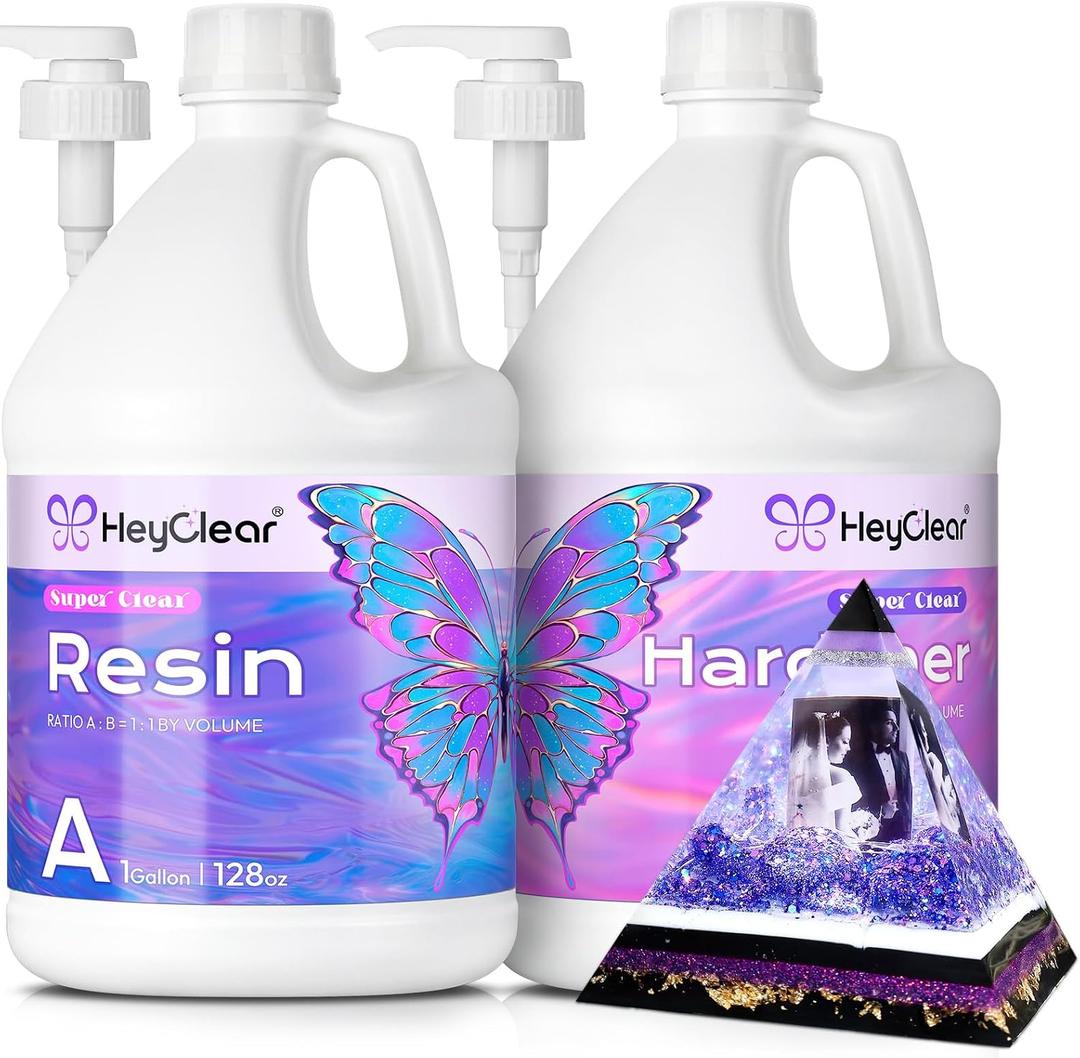 HeyClear 2 Gallon Epoxy Resin Kit with Pumps, Crystal Clear and Hard Upgraded 2 Part Resin and Hardener Resina Epoxica for Casting Coating, Countertop, Table top, Wood, Art DIY Handcraft Jewelry