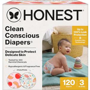 The Honest Company Comfort Dry Diapers, Hypoallergenic, FragranceFree, Sensitive Skin, Just Peachy + Flower Power, Super Club Box Size 3 (16–28 lbs), 120 Count