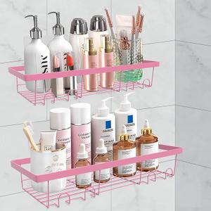 2 Pack Adhesive Shower Caddy Organizer with Hooks, Rustproof No Drilling Wall Mounted Storage Shelf Rack for Inside Shower/Bathroom/Kitchen (Pink)