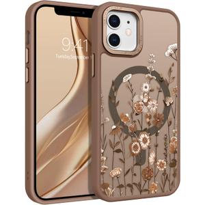DOMAVER for iPhone 12/Pro 6.1" Case, Magnetic Phone Case iPhone 12/12 Pro [Compatible with MagSafe] Slim Fit Wild Flowers Floral Design Shockproof Protective Bumper Women Men Girls Boys Cover- Brown