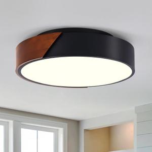 Modern Black Flush Mount Ceiling Light, 2-Light Mid-Century Ceiling Light Fixture, Minimalistic Wood Round Lighting Fixture for Bedroom Hallway Laundry Room Bathroom (12.5 in) (12.5in)