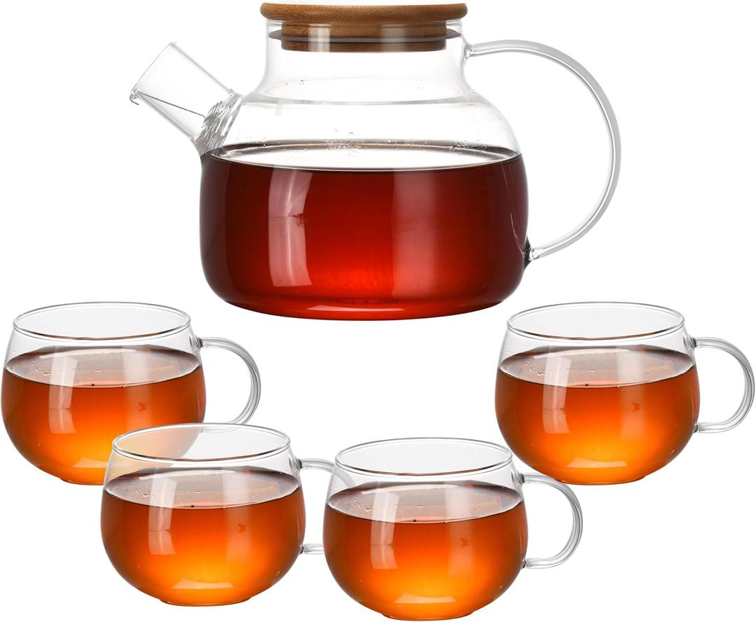 WHOLE HOUSEWARES Glass Teapot Set - Borosilicate Tea Kettle with Bamboo Lid and 4 Crystal-Clear Mugs - Dishwasher & Microwave Friendly - Tea Lovers Gift - (Set of 5)